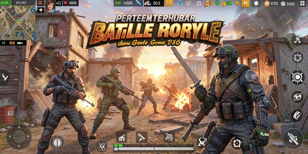 Screenshot gameplay AA666 menunjukkan pertarungan Battle Royale yang mendebarkan.