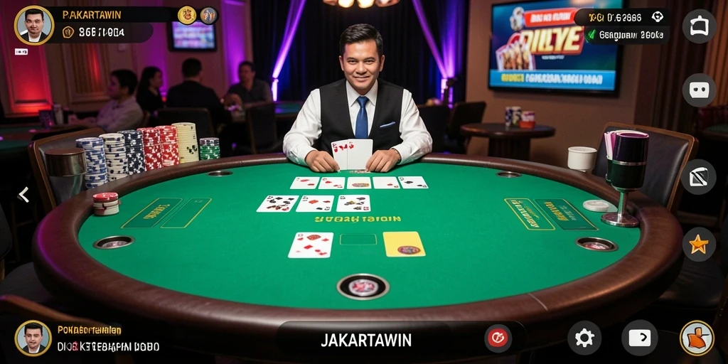 Tampilan gameplay menarik JAKARTAWIN dengan pemain poker yang berinteraksi.