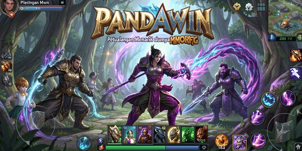 Tangkapan layar utama PANDAWIN menampilkan pertempuran seru di dunia MMORPG.