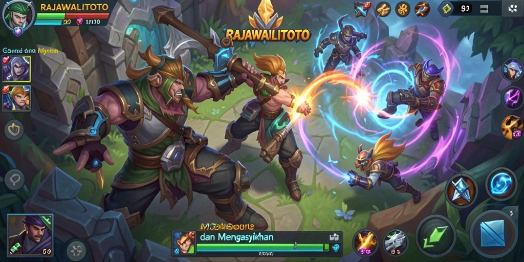 Screenshot utama RAJAWALITOTO menampilkan aksi pertempuran MOBA yang intens.