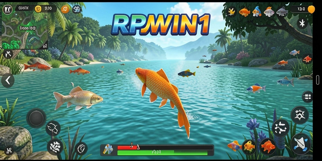 Tampilan gameplay RPWIN1 dengan grafis memukau saat memancing ikan.