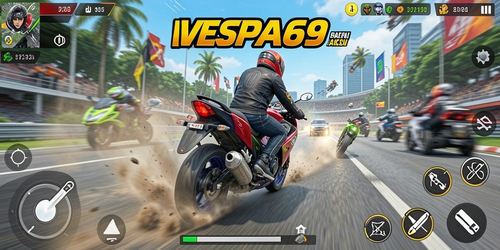Tangkapan layar gameplay VESPA69 yang menampilkan balapan motor yang mendebarkan.